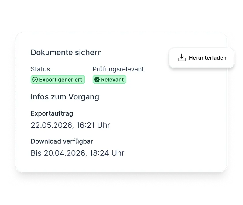 Export-Dialog zum Sichern prüfungsrelevanter Dokumente mit Status „Export generiert“ und Download-Button