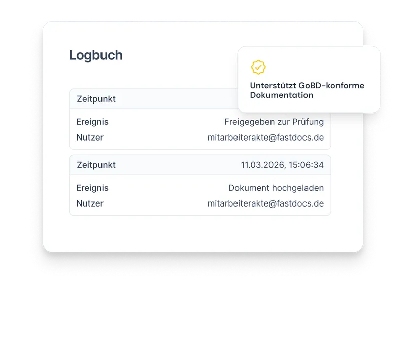 Logbuch in der Mitarbeiterakte mit Einträgen zu hochgeladenen und freigegebenen Dokumenten sowie GoBD-Konformitätsnachweis